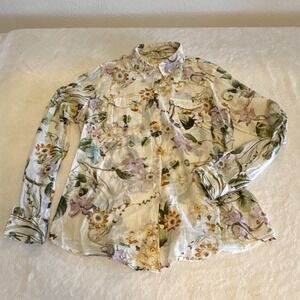 Cotton Daisy White Floral Button-Up Blouse Women's Size L Long Sleeve Boho